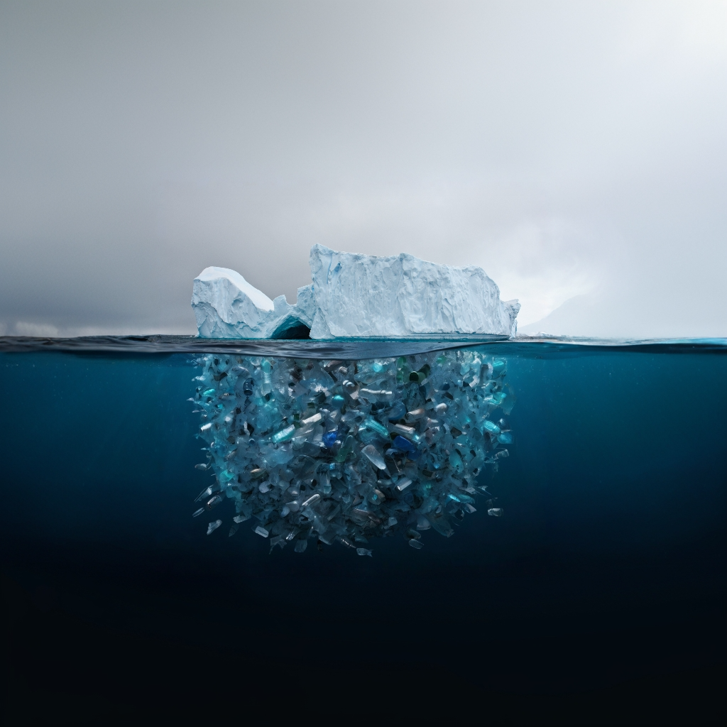 Iceberg with plastic waste underwater